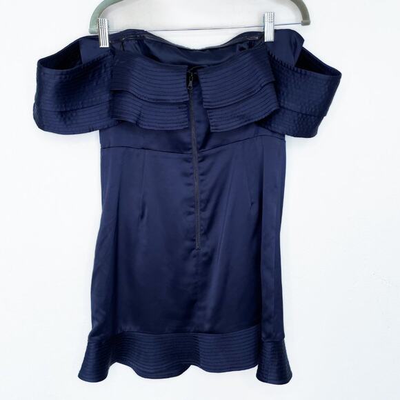 Bardot Athena Frill Off the Shoulder Navy Blue Satin Ruffle Mini Dress 10 Large - Picture 14 of 16